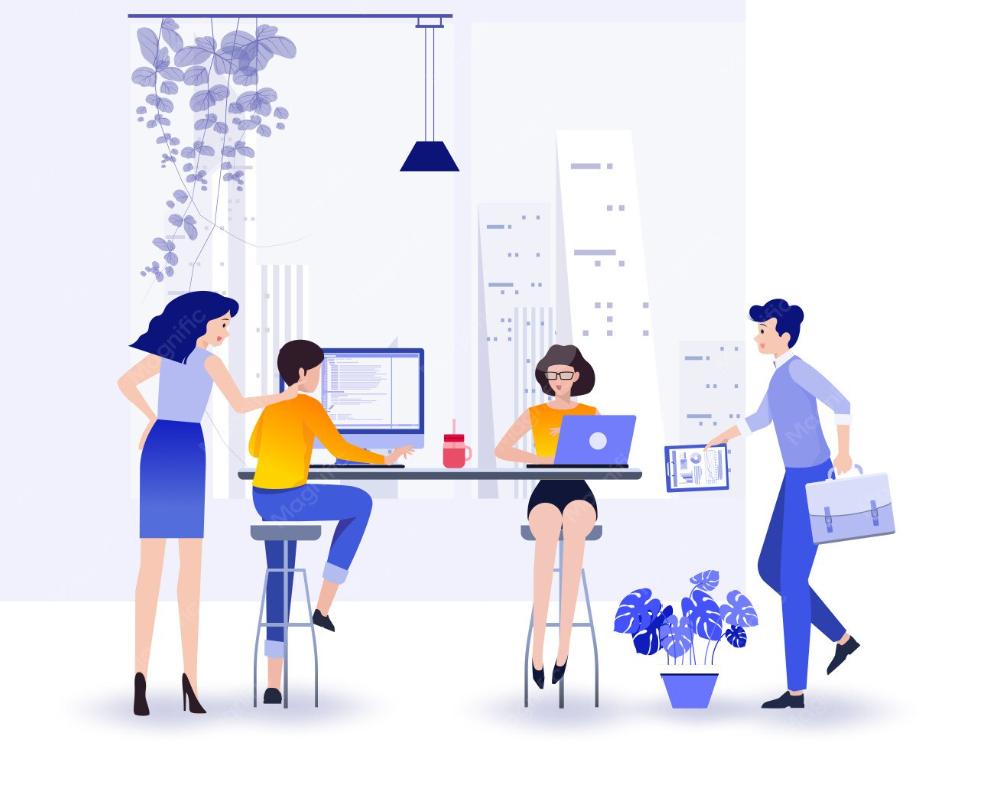 Professionals collaborating in a modern office